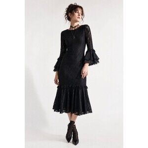 Black Lace Whimsigoth Gothic Romantic Witchy Bell Sleeve Midi Dress XS Boho